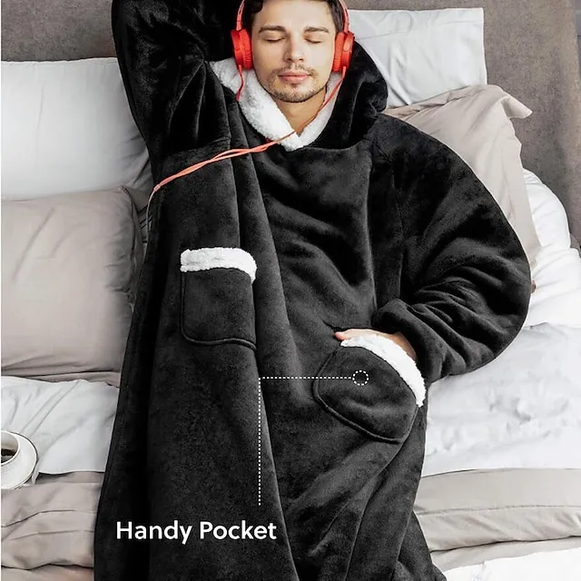 Oversized Wearable Blanket Christmas Flannel Thick Soft Warm Long Hoodie Blanket Big Hooded Sweatshirt Hoodie Blanket for Adults Women Girls Teenagers Teens Men Black
