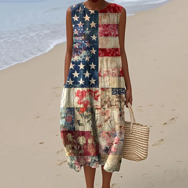 Vintage American Flag  Independence Day 4th Of July Peaceinwar Art Linen Tank Dress