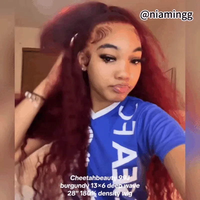 Flash Sale | @bigekane and @thequeenleora Recommend 99J Burgundy 13x6 Deep Wave Wig 16-34 Inches Transparent Lace Front Human Hair Wigs