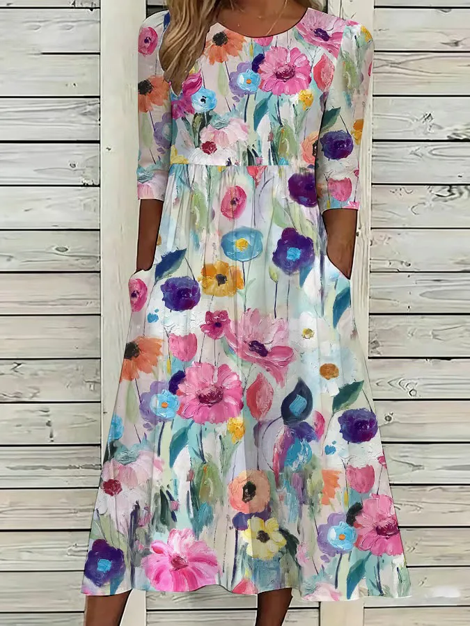 Women'S Retro Floral Art Printed Casual Dress