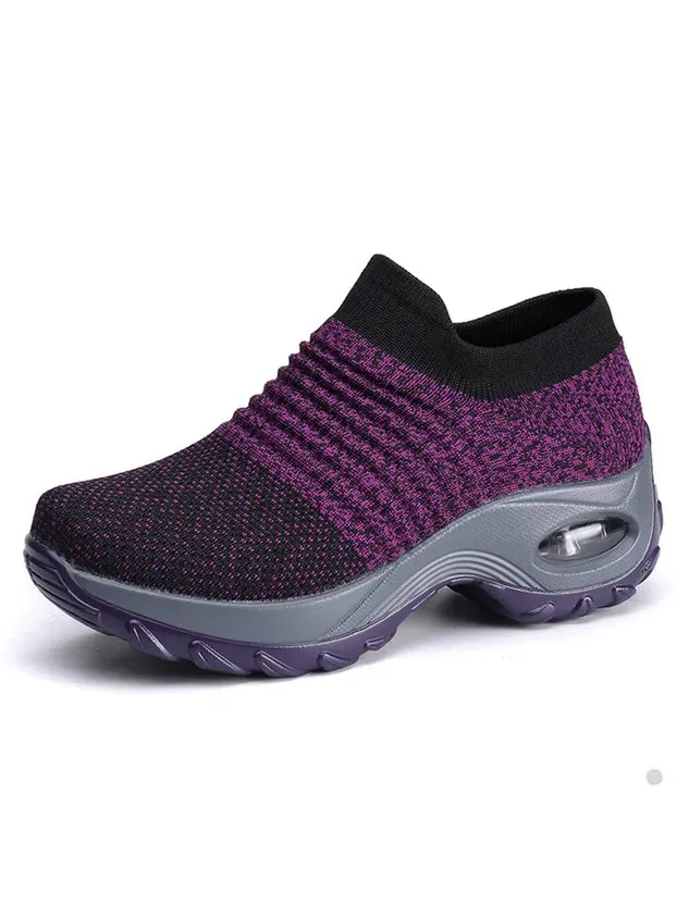 Sports Color Block Breathable Slip On Block Heel Fly Woven Shoes