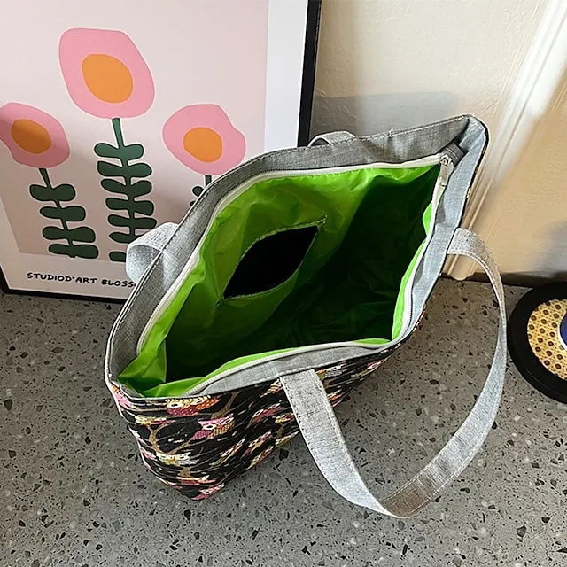 Women's Tote Shoulder Bag Canvas Tote Bag Canvas Shopping Daily Zipper Large Capacity Foldable Lightweight Striped Patchwork Folk Red stripes Red square Black square