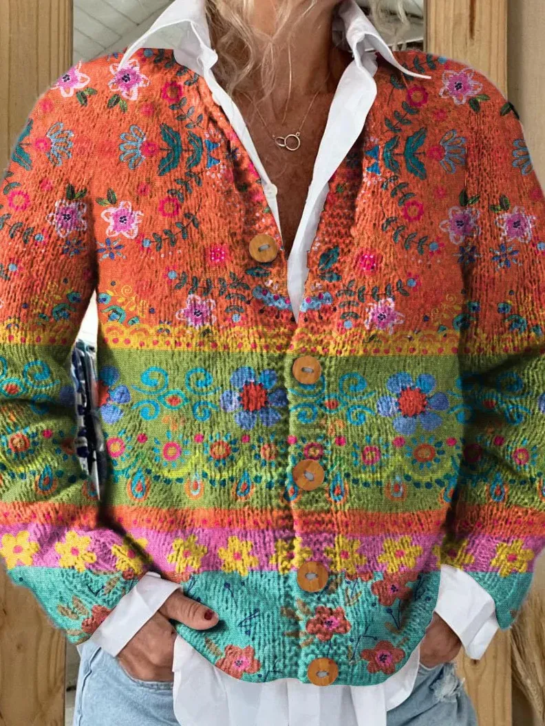 Women Knitted 3D Printing Long Sleeve Comfy Casual Cardigan