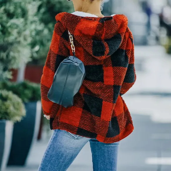 Plaid Open Front Hooded Coat