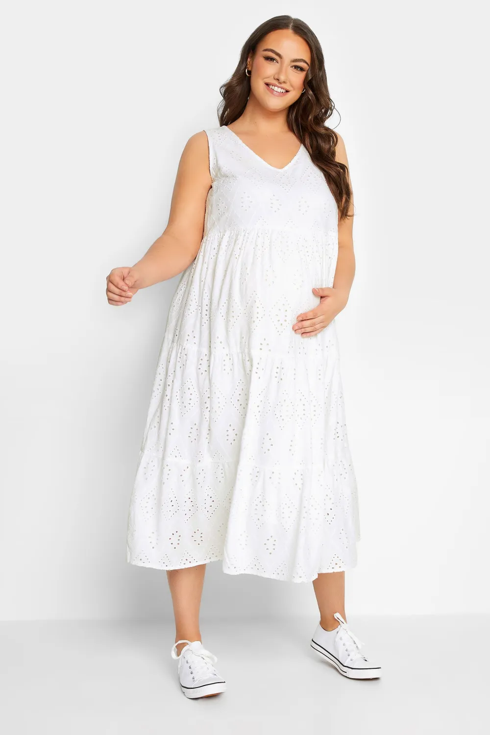 BUMP IT UP MATERNITY Curve Sage Green Broderie Anglaise Tiered Midi Dress
