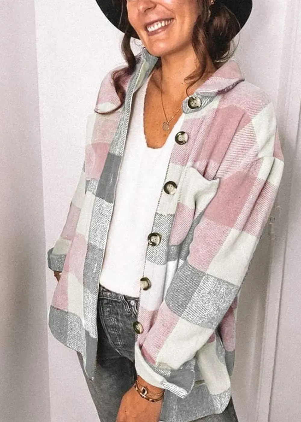 Women's 2023 Fall Clothes Plaid Shacket Jacket Long Sleeve Button Down Flannel Shirts Fashion Blouse