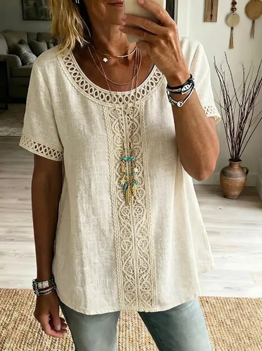 Women's Nashville Country Style Lace Trimmed Printed Top