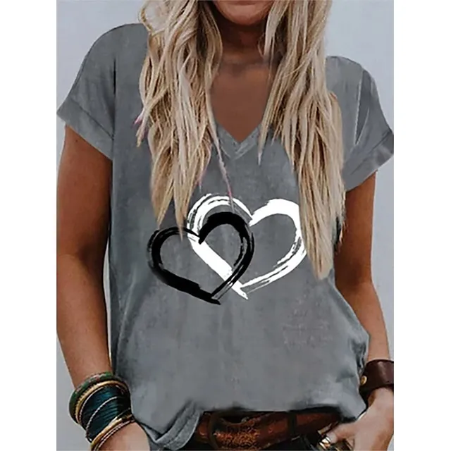 Women's T shirt Tee Heart Gray Print Short Sleeve Valentine Weekend Basic V Neck Regular Fit