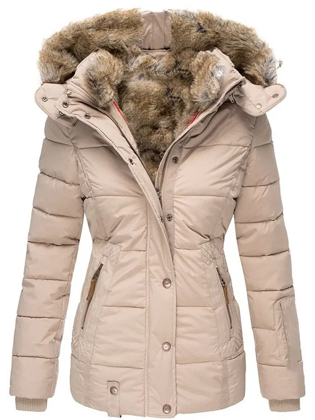 Women's Winter Parka Fleece Lined Puffer Jacket with Hood Pink Zipper Warm Coat with Pocket Active Comfortable Street Style Outerwear Long Sleeve