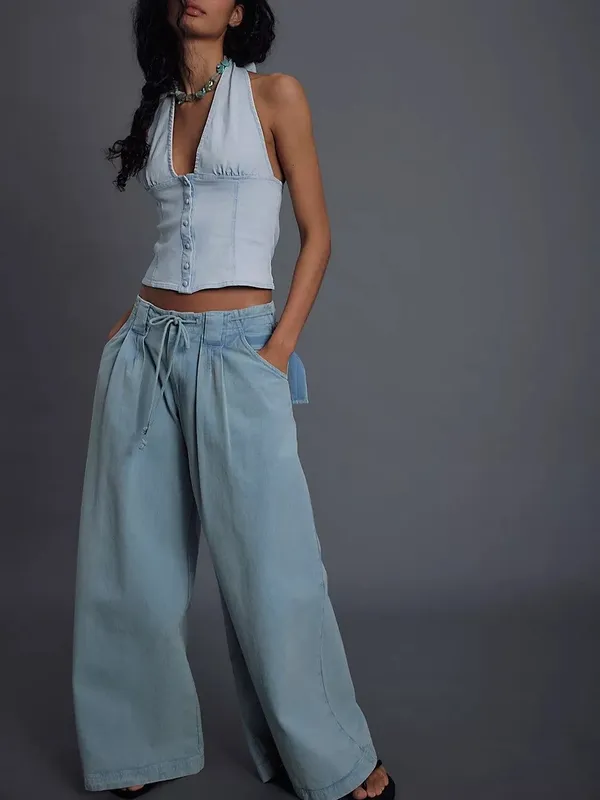 Denim Halter Button Front Top