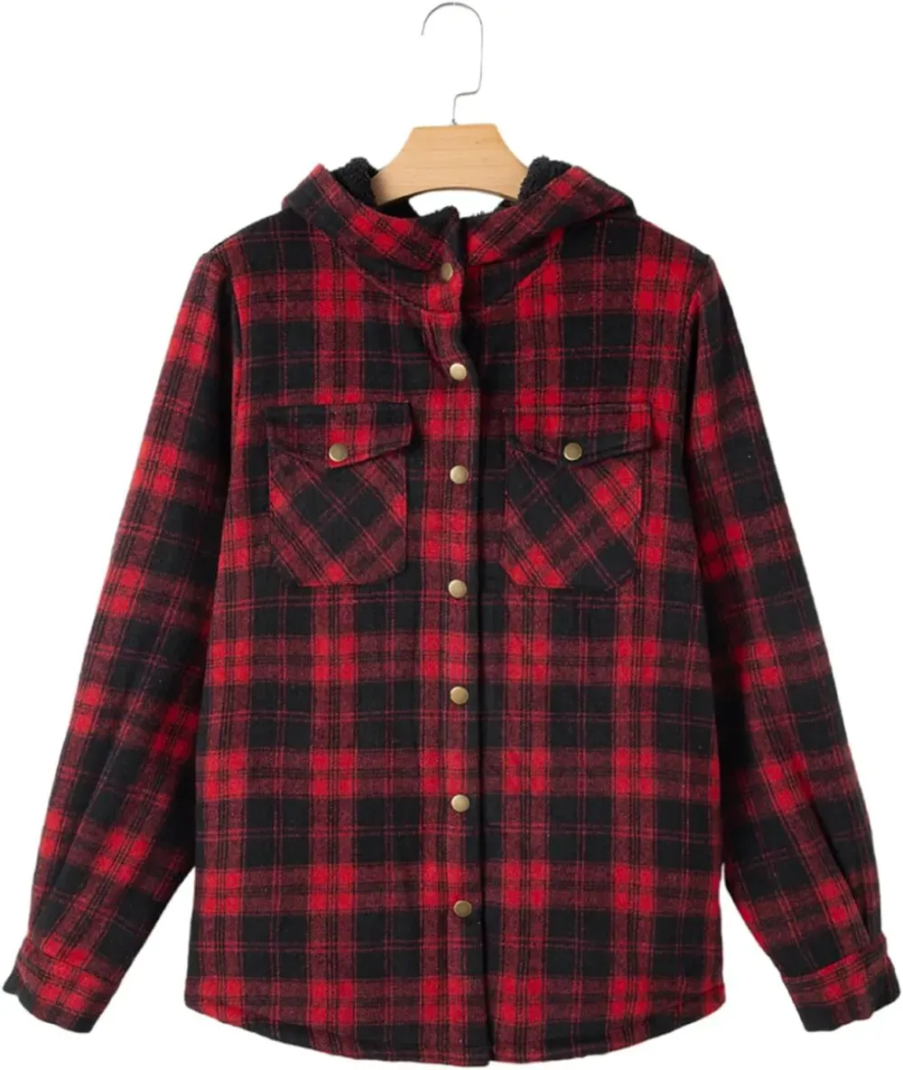 Womens Plaid Shacket Jacket Long Sleeve Button Down Fleece Hooded Jackets Warm Coat