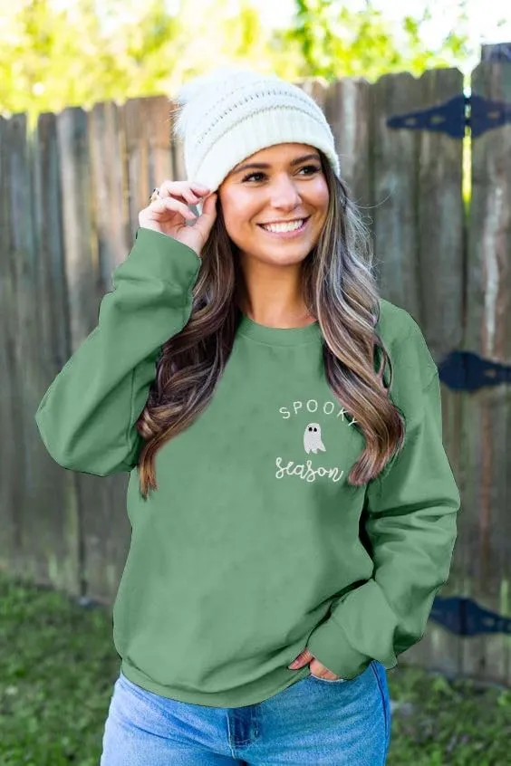 LOTUCY Halloween Sweatshirt Women Cute Spooky Season Sweatshirts Ghost Fall Embroidered Sweater Pullover Top