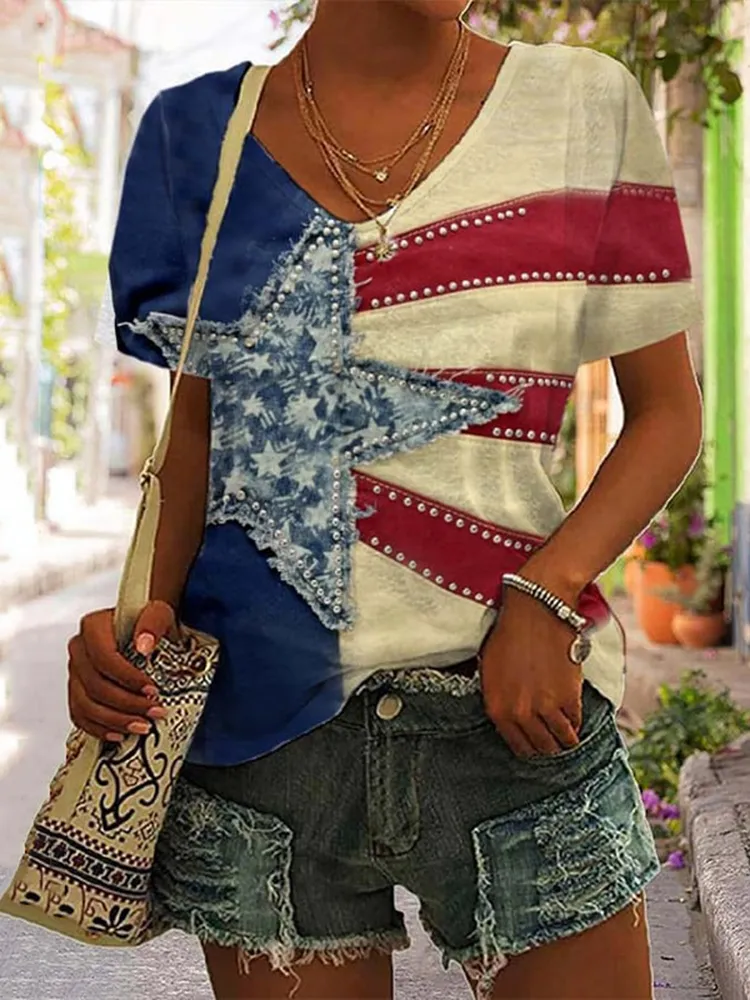 Women's Vintage Independence Day Flag And Stars Printed V-Neck T-Shirt