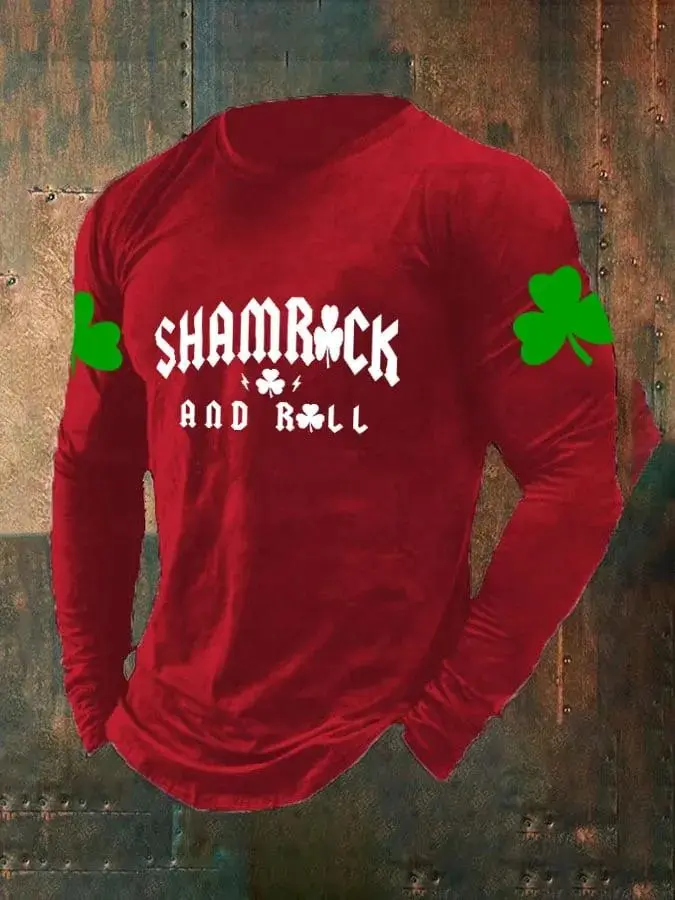 Men's St. Patrick’s Day Shamrock And Roll Print Casual Long Sleeve T-Shirt