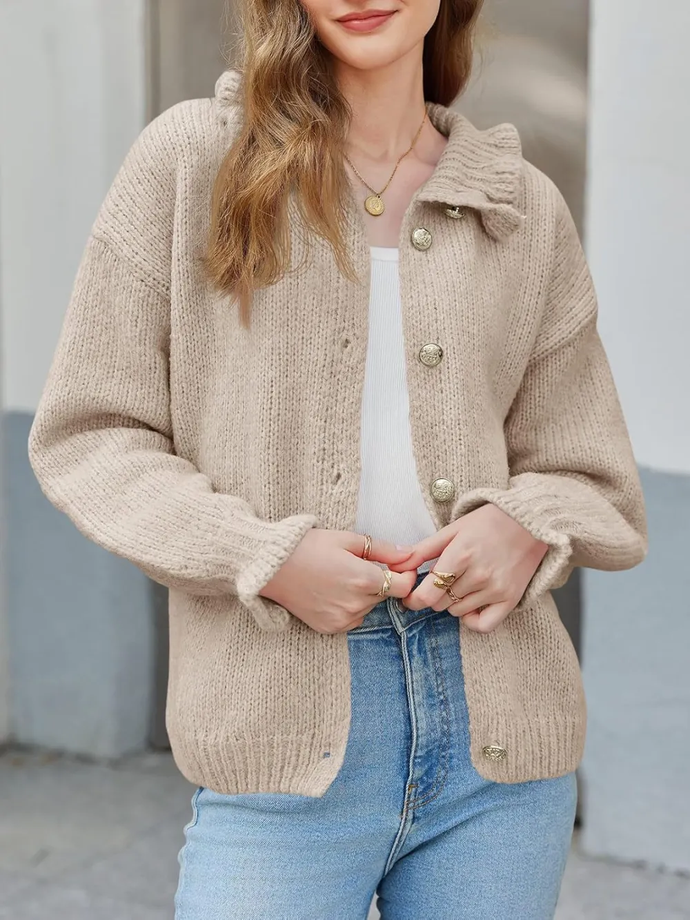 🎄Hot Sale Ruffle Cardigan Oversized Button Up Ribbed Knit Open Front Long Sleeve Loose Sweater