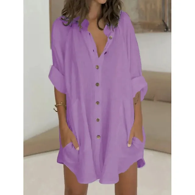 Women's Shirt Dress Casual Dress Mini Dress White Green Long Sleeve Pure Color Button Fall Spring Summer Shirt Collar Basic Daily Fall Dress Loose Fit 2023 M L XL 2XL 3XL