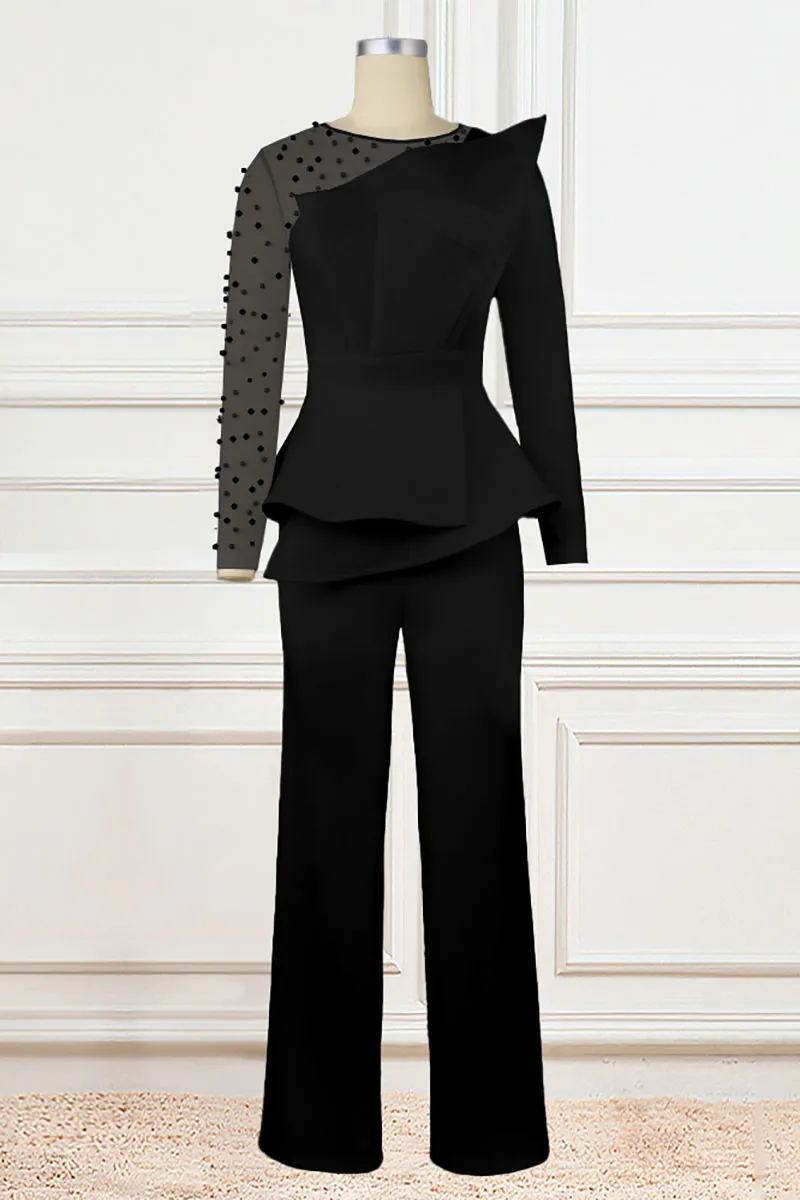 Mesh Patchwork Pearls Long Sleeve Asymmetric Trim Straight Leg Evening White Jumpsuit