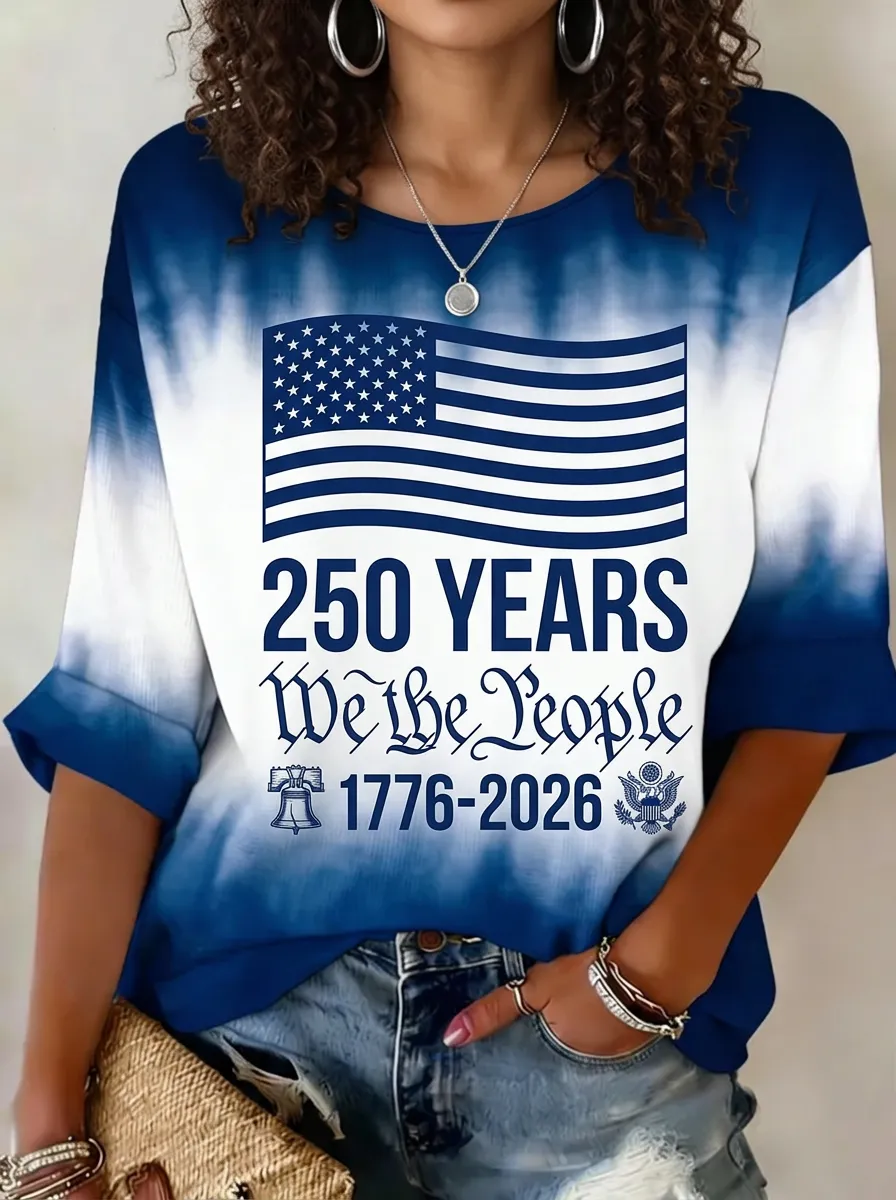 Women's USA 250th Anniversary American Flag We The People Printed T-shirt