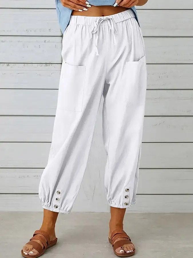 Solid Color Casual With Pocket Buttons Cotton Linen Trousers