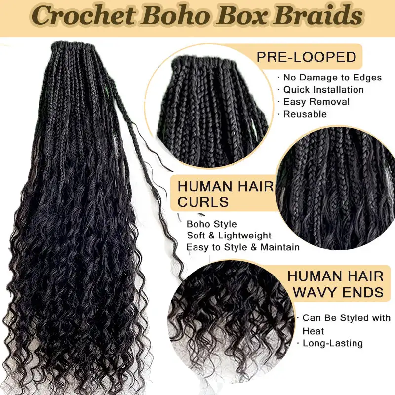 Pre-looped Crochet Human Hair Boho Box Braids Human Hair Curls Ends, Reusable Hair