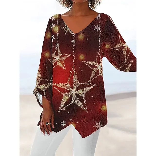 Women's Plus Size Shirt Blouse Tunic White Red Blue Graphic Floral Asymmetric Print Long Sleeve Streetwear Casual V Neck Regular Fit Floral Spring Fall