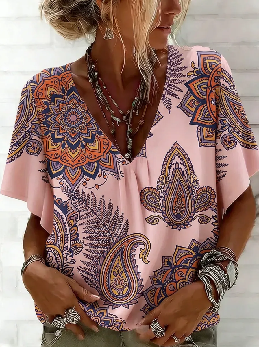 Women's Nashville Bohemian Mandala Paisley Printed V-Neck Top