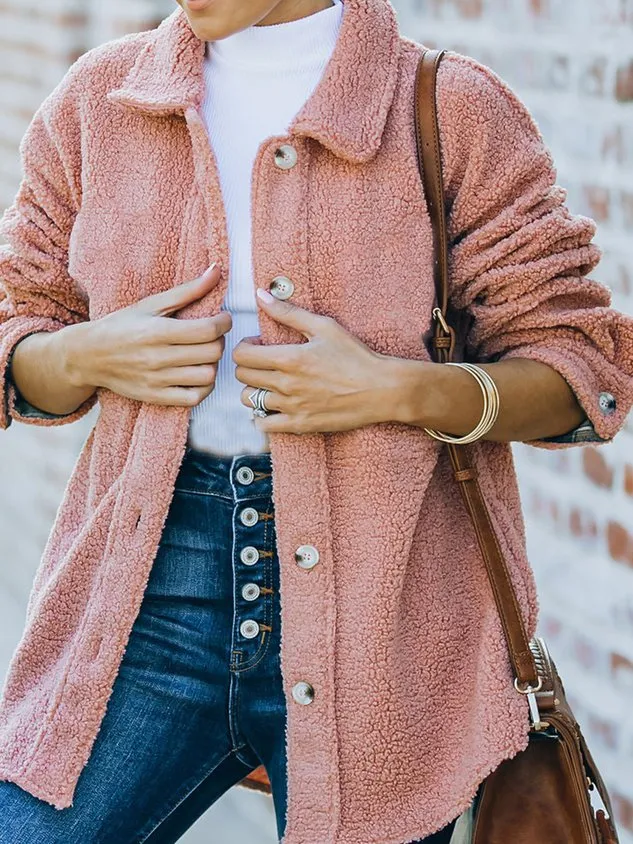 Plain Fluff/Granular Fleece Fabric Casual Teddy Jacket