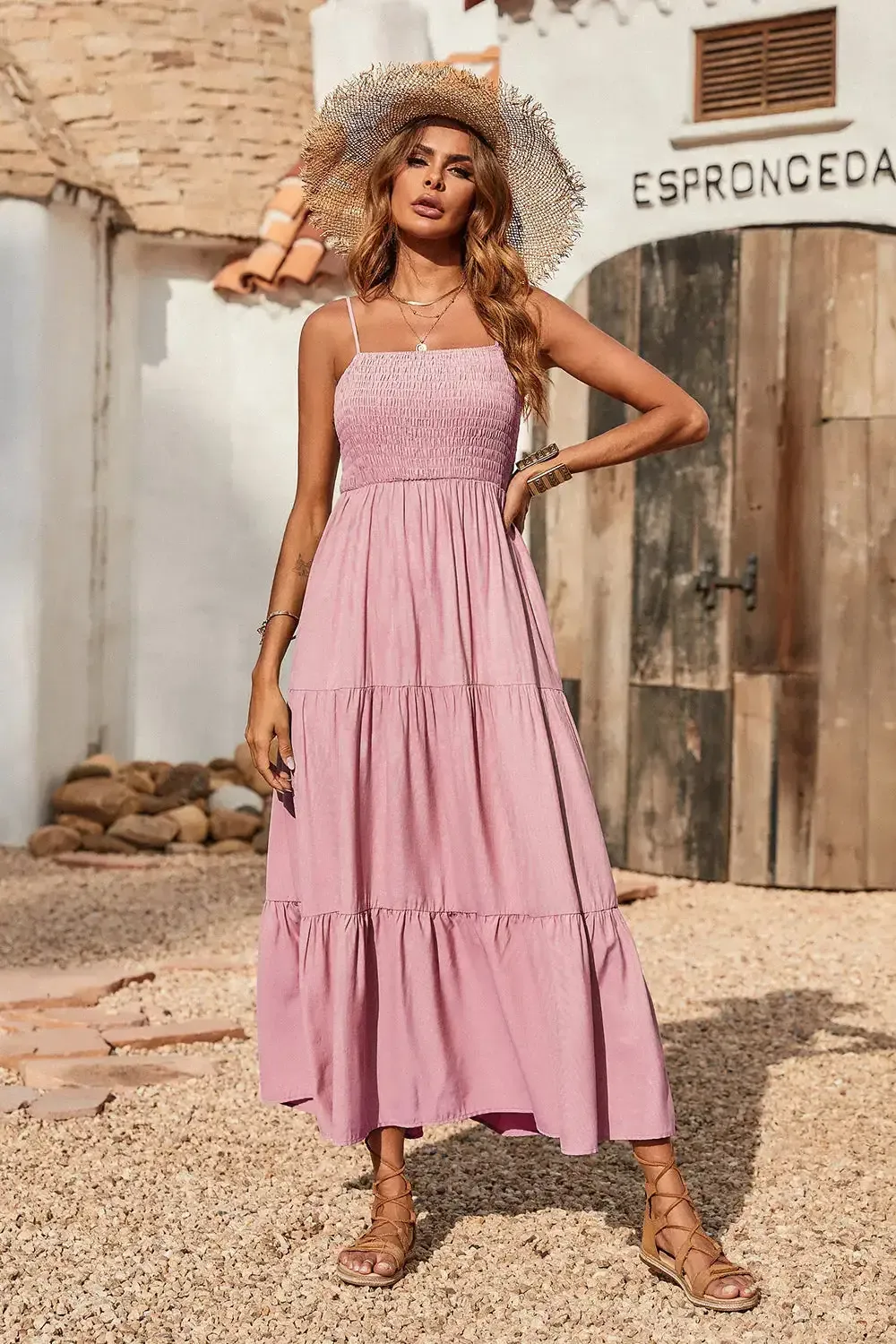Sleeveless Spaghetti Strap Smocked Tiered Maxi Dress