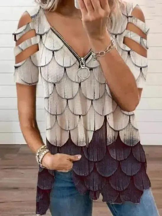 Women Short Sleeve V-neck Floral Printed Geometric Top