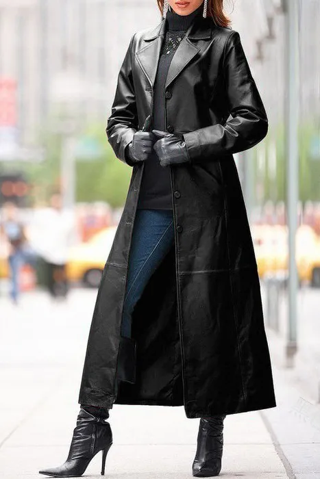 Solid Leather Lapel Trench Coat