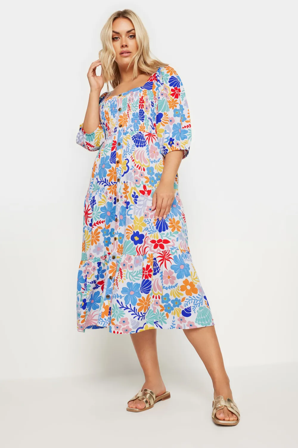 YOURS Curve White Floral Print Button Front Tiered Midi Dress