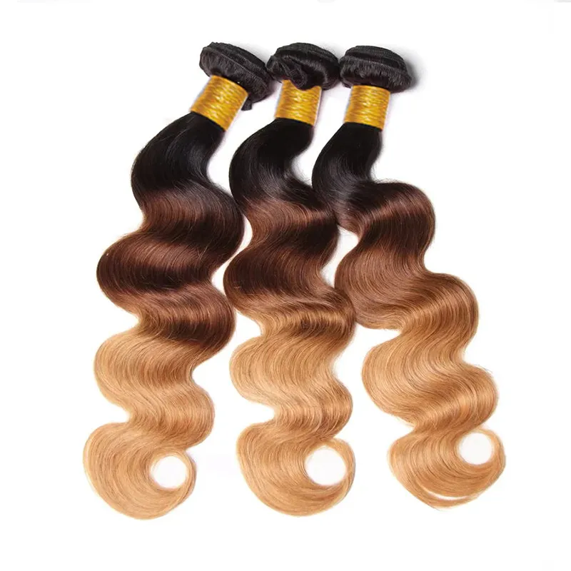 Sterly Colored Body Wave Bundles With 5×5 Lace Closure T1B/4/27 Ombre Human Bundles With 13x6 Lace Frontal