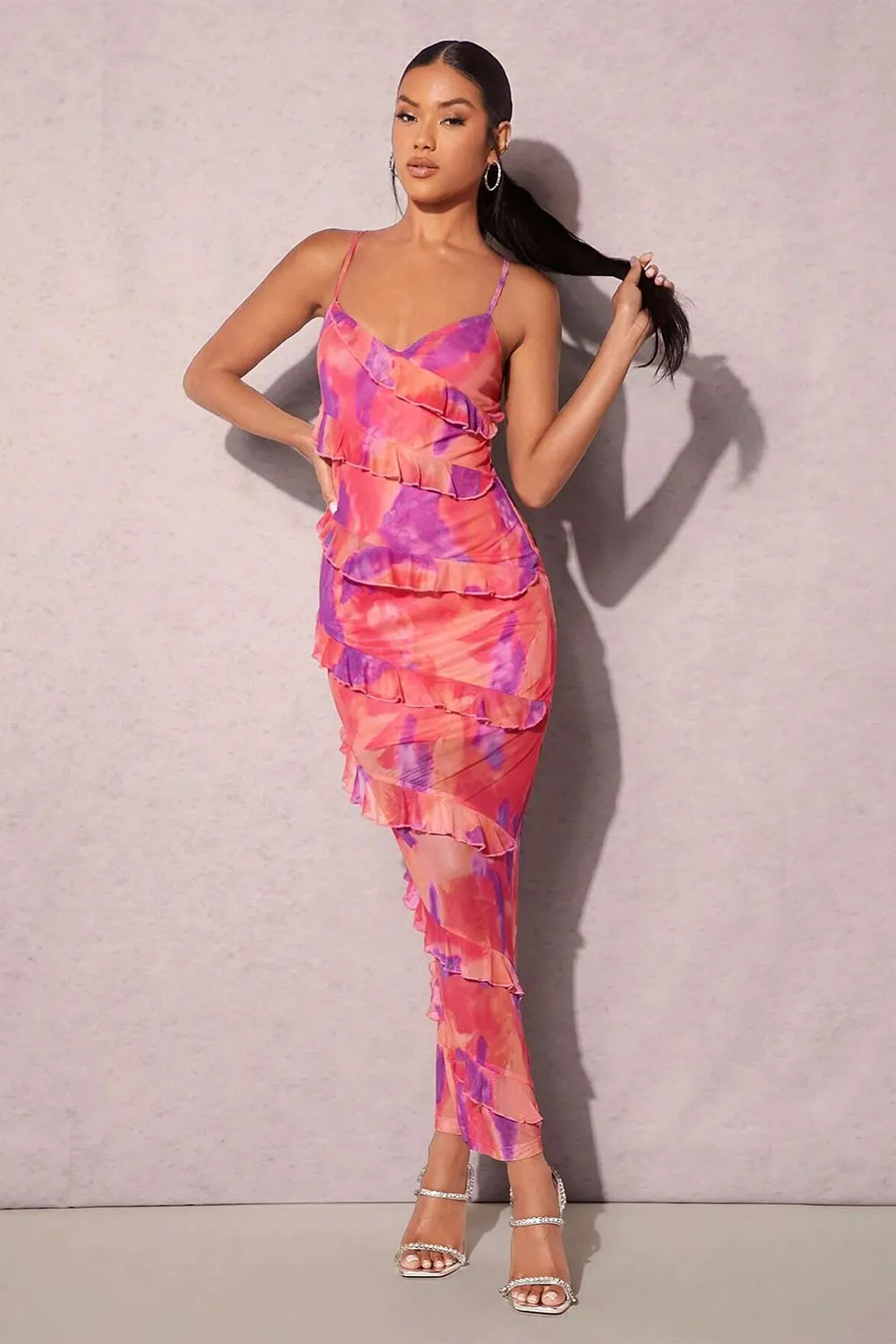 BAE Tie Dye Ruffle Trim Crisscross Backless Ruche
