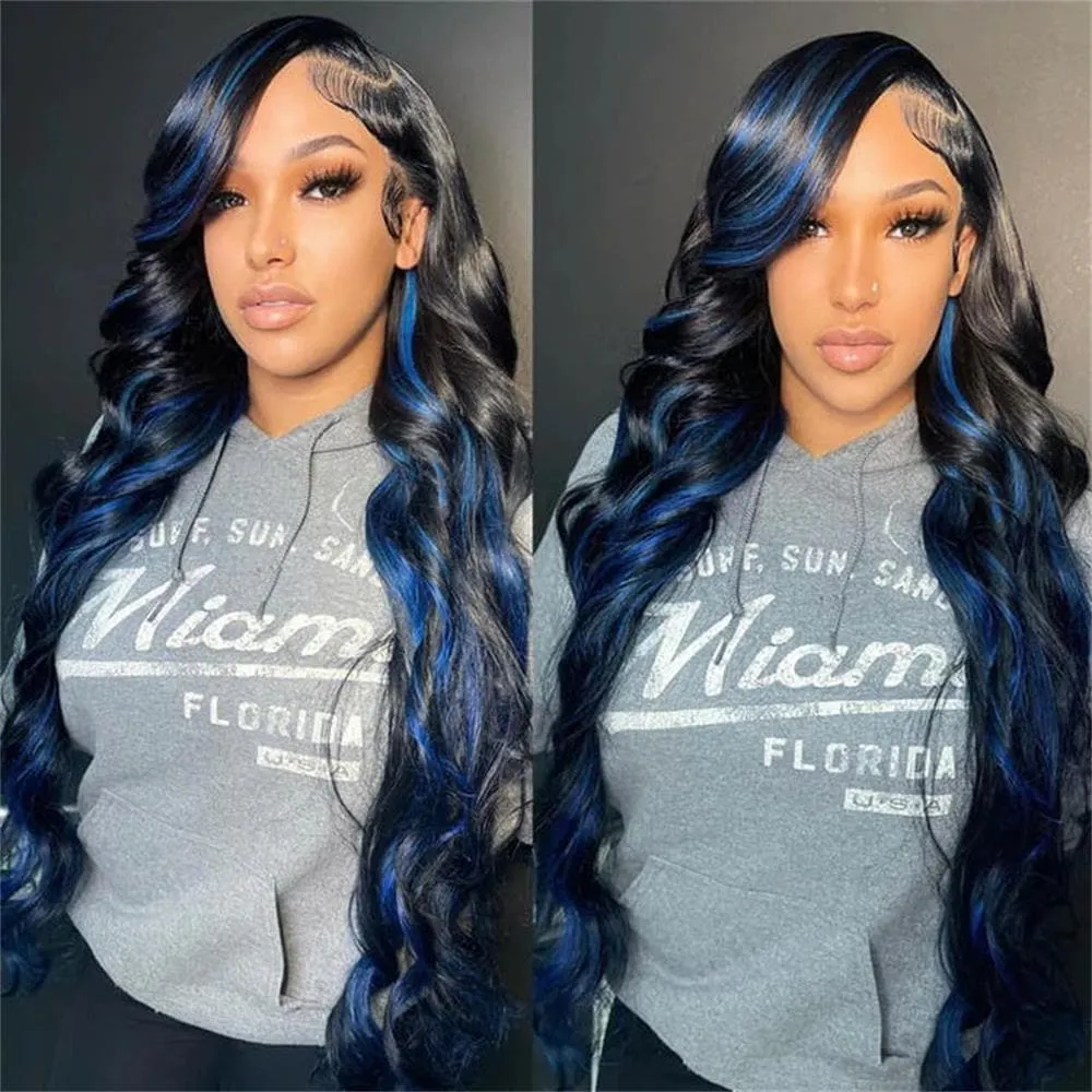 Flash Sale | Sterly Blue Highlight With Black Hair Roots 13x6 Full Lace Human Hair Wigs