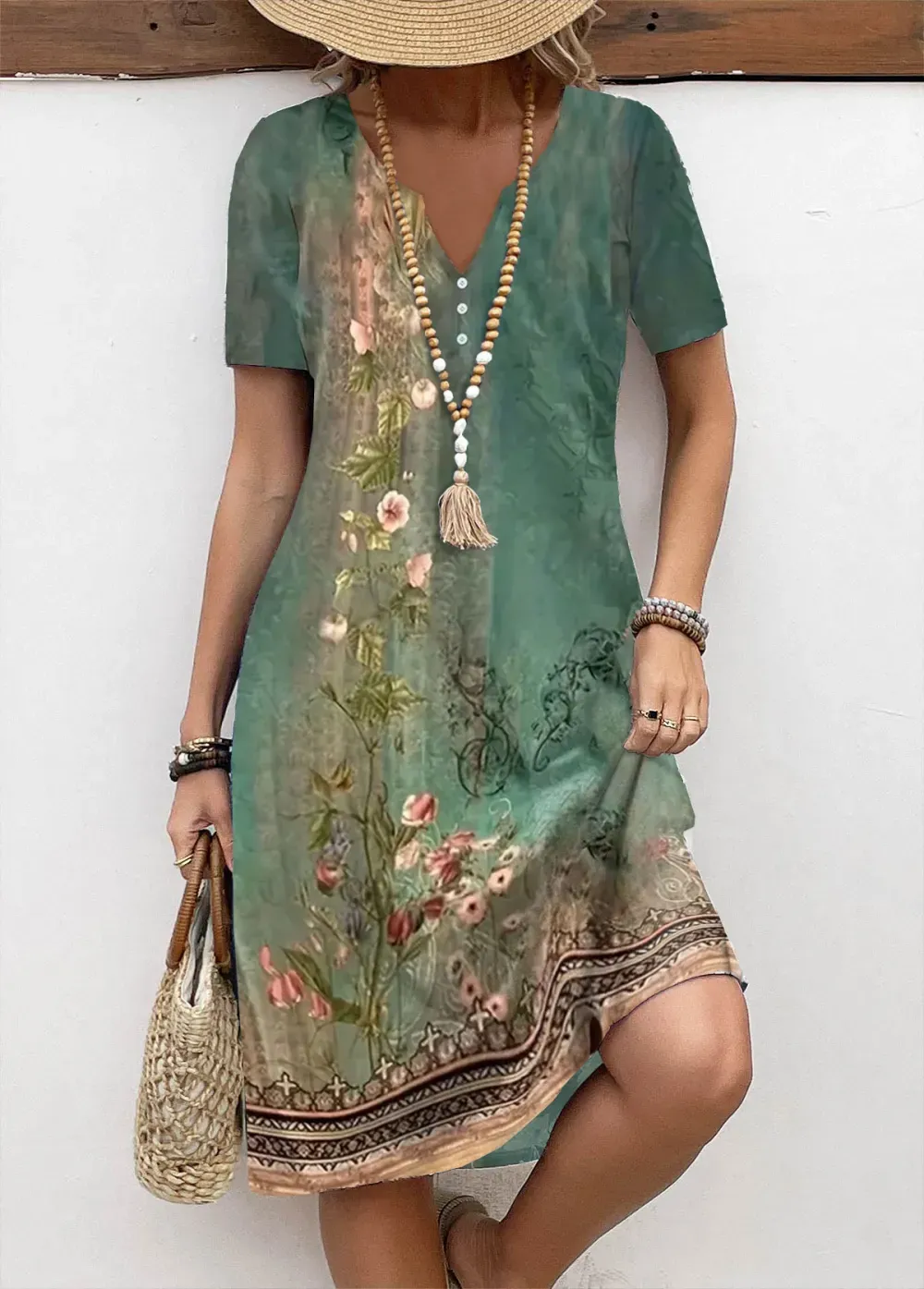 Green Button Floral Print A Line Short Sleeve Dress