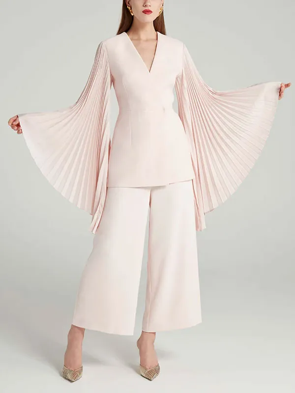 Chiffon pleated sleeve wide leg pants ladies set