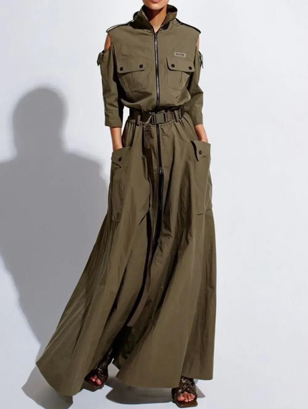 Casual Zipper Cold Shoulder High Cut Maxi Dress