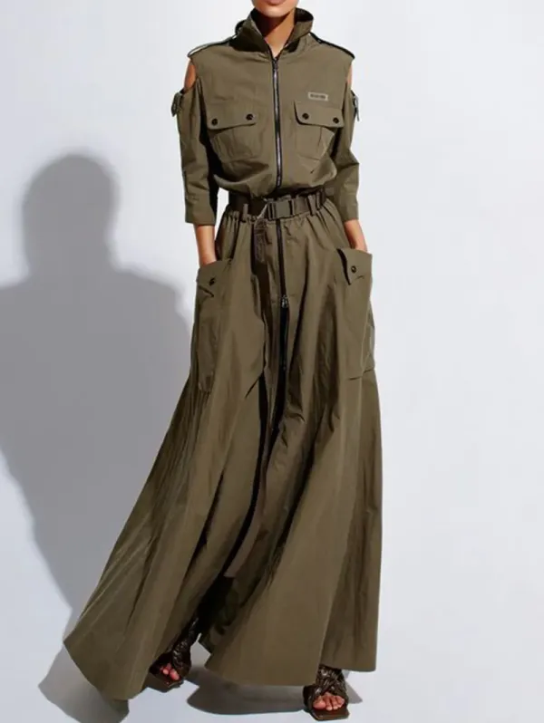 Casual Zipper Cold Shoulder High Cut Maxi Dress