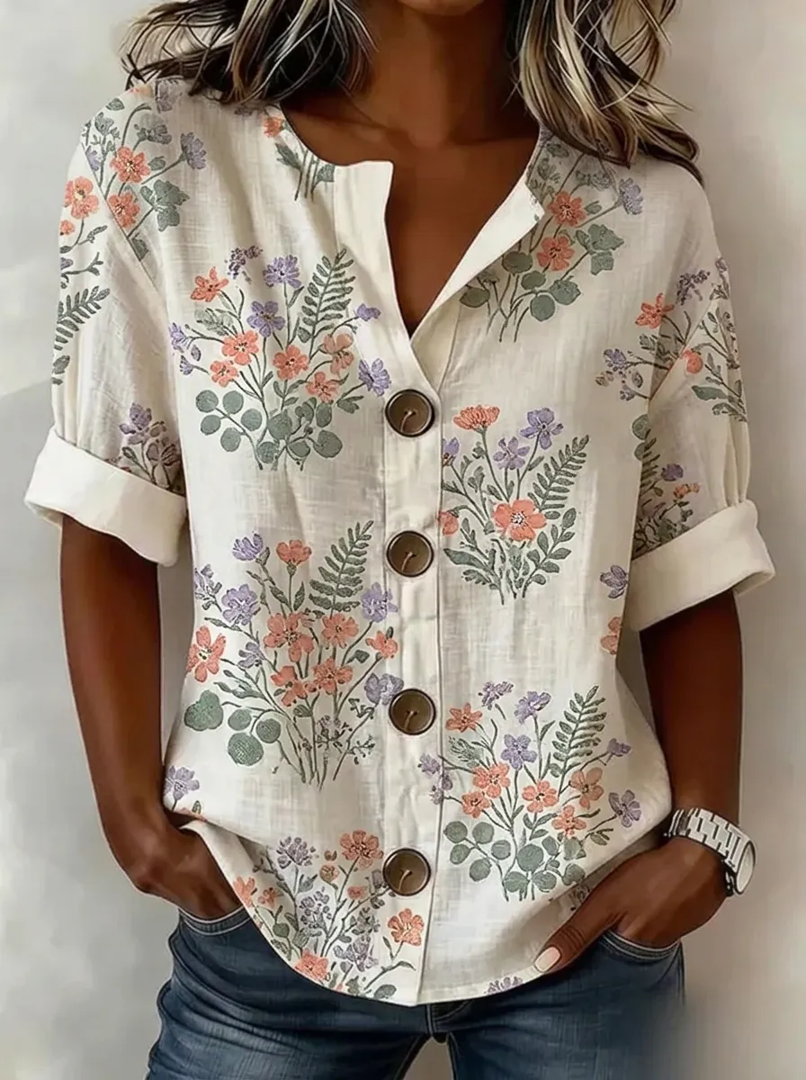 Women's Nashville Floral Botanical Printed Button-up Shirt