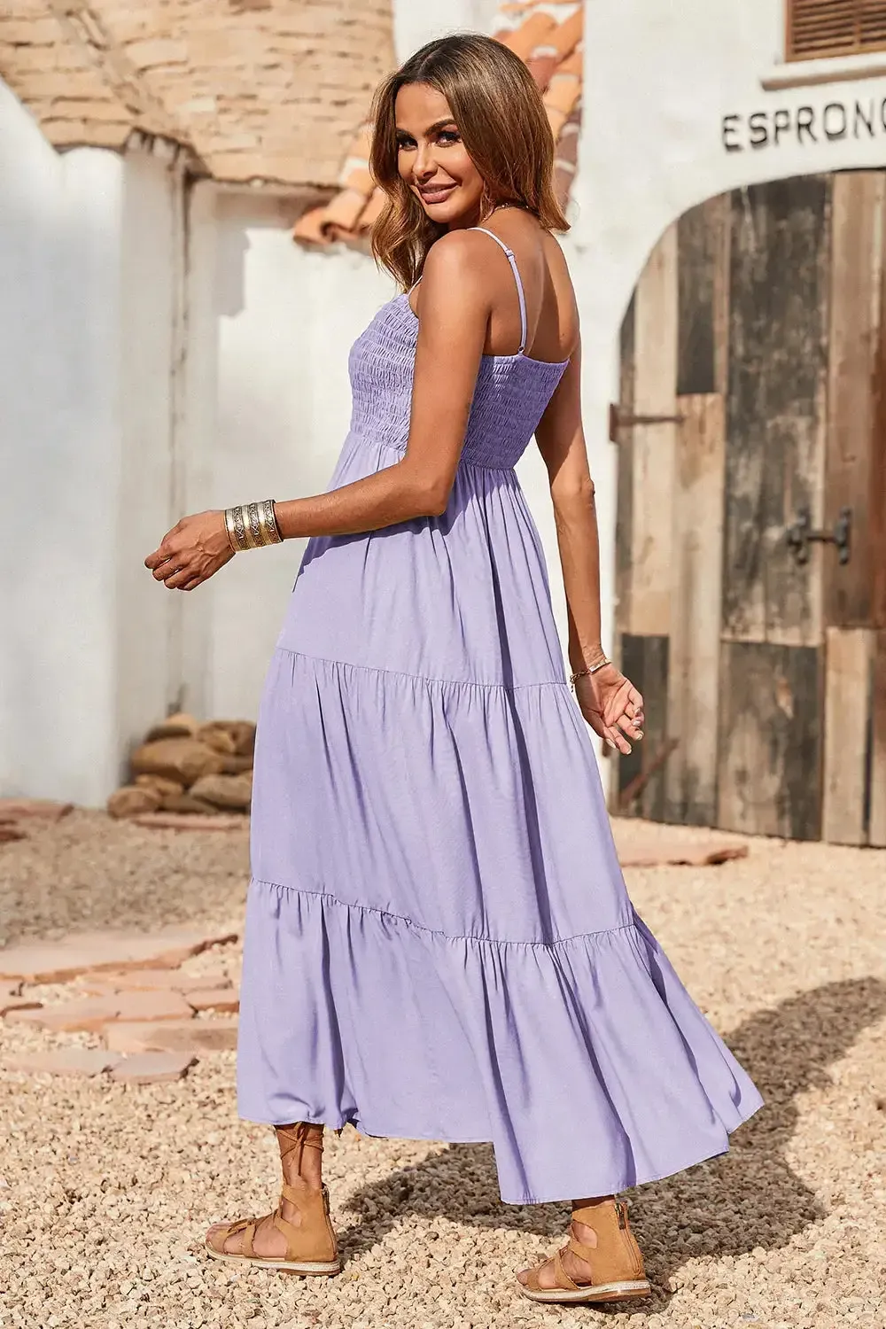 Sleeveless Spaghetti Strap Smocked Tiered Maxi Dress