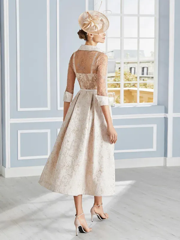 Lapel Lace Print Midi Dress