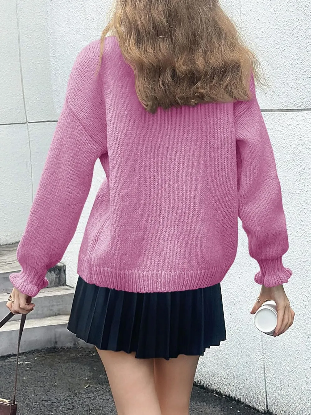 🎄Hot Sale Ruffle Cardigan Oversized Button Up Ribbed Knit Open Front Long Sleeve Loose Sweater