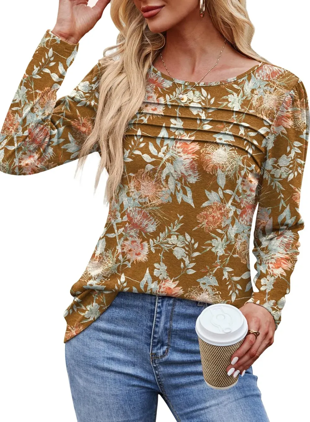 OFEEFAN Long Sleeve Shirts for Women Fall Fashion 2024 Dressy Casual Blouses Trendy Pleated Tunic Tops for Leggings