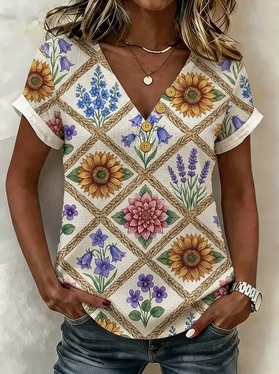 Women's Nashville Floral Lattice Printed V-Neck Button Top