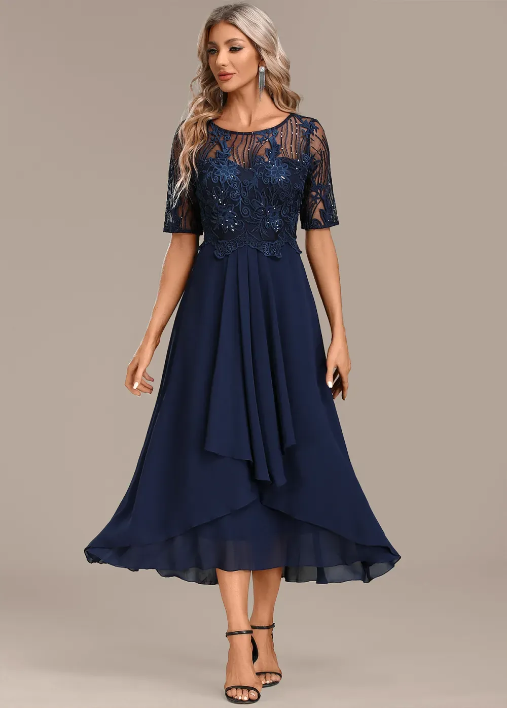 Navy Lace Short Sleeve Round Neck Dress