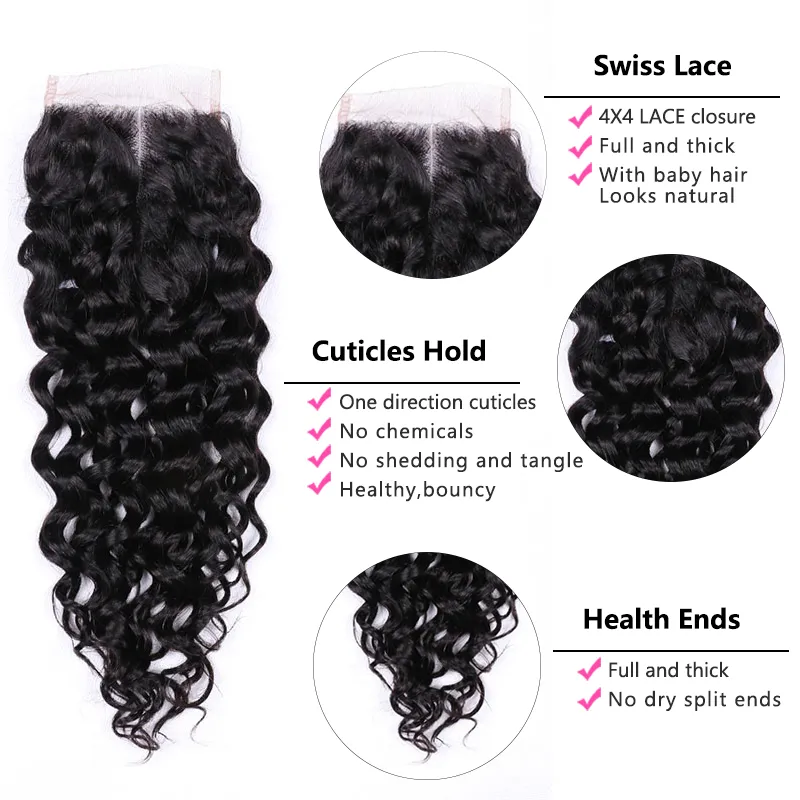 Sterly Hair Water Wave 3 Bundles Virgin Human Hair With 4×4 Lace Closure