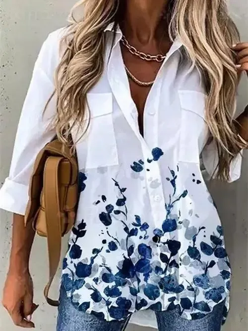 Women Long Sleeve Stand-up Collar Printed Graphic Top