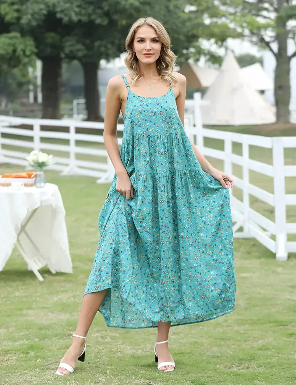 Summer Dresses for Women Casual Loose Bohemian Floral Dress with Pockets Spaghetti Strap Maxi Dress E75