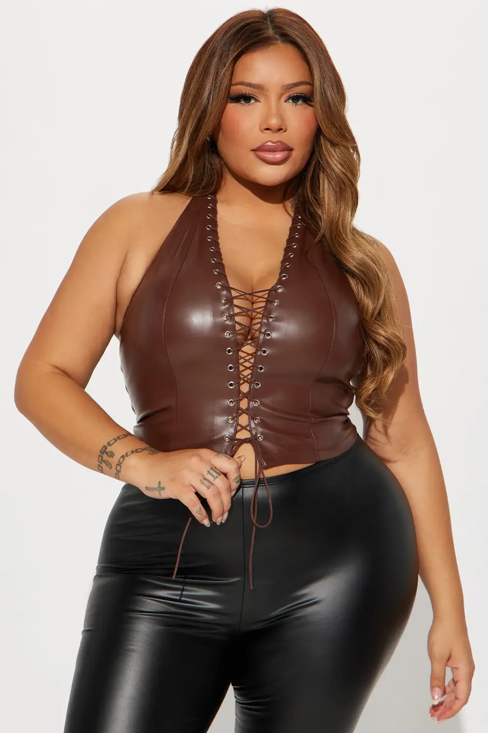 Up To No Good Lace Up Top - Brown