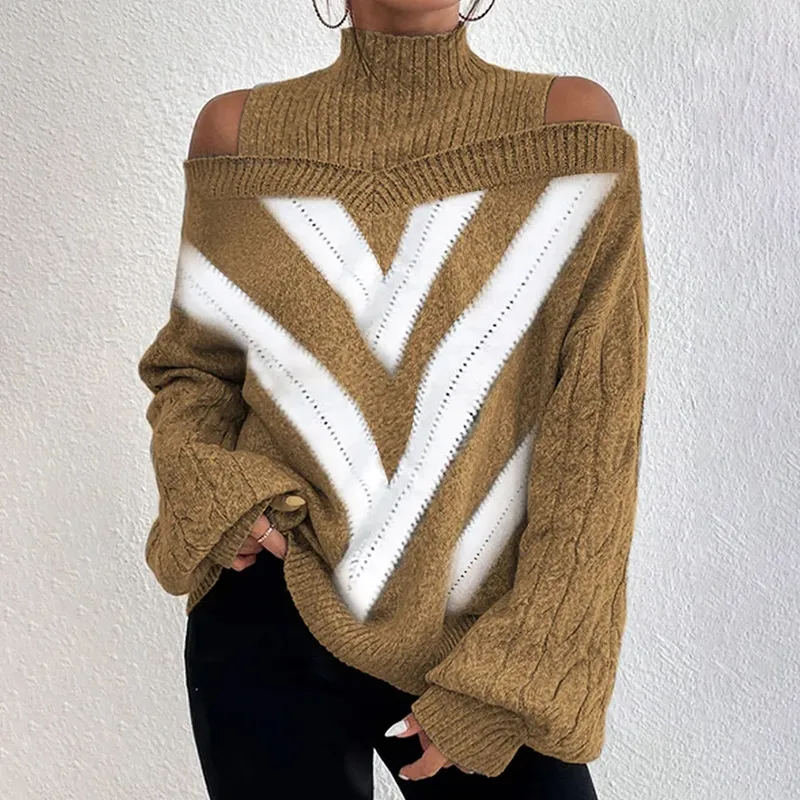 High Collar Geometric Contrast Color Knit Sweater